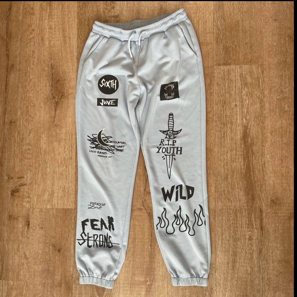 Sixth June Crew Love Men’s Graphic Light Blue Joggers size Medium